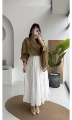 Pole Astarlı Kırışık Kloş Etek - Beyaz- Kod: 3000