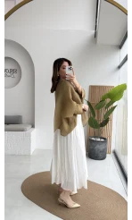 Pole Astarlı Kırışık Kloş Etek - Beyaz- Kod: 3000