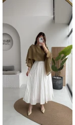 Pole Astarlı Kırışık Kloş Etek - Beyaz- Kod: 3000