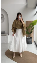 Pole Astarlı Kırışık Kloş Etek - Beyaz- Kod: 3000