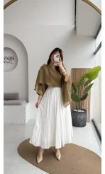 Pole Astarlı Kırışık Kloş Etek - Beyaz- Kod: 3000