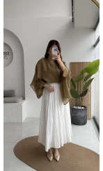 Pole Astarlı Kırışık Kloş Etek - Beyaz- Kod: 3000