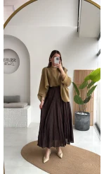 Polis Astarlı Kırışık Kloş Etek - Kahverengi - Kod: 3000