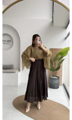 Polis Astarlı Kırışık Kloş Etek - Kahverengi - Kod: 3000