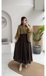 Polis Astarlı Kırışık Kloş Etek - Kahverengi - Kod: 3000