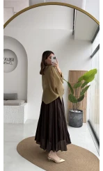 Polis Astarlı Kırışık Kloş Etek - Kahverengi - Kod: 3000