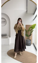 Polis Astarlı Kırışık Kloş Etek - Kahverengi - Kod: 3000