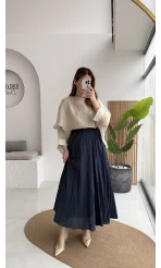 Pole Astarlı Kırışık Kloş Etek - Lacivert - Kod: 3000