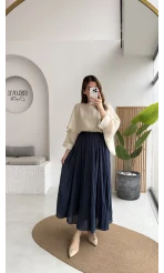 Pole Astarlı Kırışık Kloş Etek - Lacivert - Kod: 3000