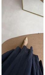 Pole Astarlı Kırışık Kloş Etek - Lacivert - Kod: 3000