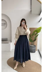 Pole Astarlı Kırışık Kloş Etek - Lacivert - Kod: 3000