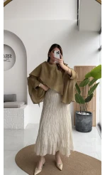 Astarlı Kırışık Beli Lastikli Etek - Taş - Kod: 3207