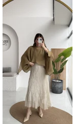 Astarlı Kırışık Beli Lastikli Etek - Taş - Kod: 3207