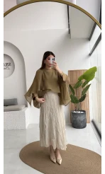 Astarlı Kırışık Beli Lastikli Etek - Taş - Kod: 3207