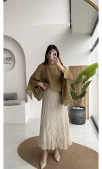 Astarlı Kırışık Beli Lastikli Etek - Taş - Kod: 3207