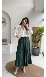 Astarlı Kırışık Beli Lastikli Etek - Zümrüt - Kod: 3207