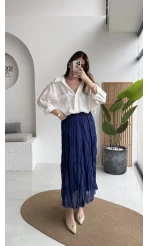 Astarlı Kırışık Beli Lastikli Etek - Lacivert - Kod: 3207