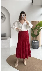 Astarlı Kırışık Beli Lastikli Etek - Kırmızı - Kod: 3207