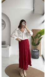 Astarlı Kırışık Beli Lastikli Etek - Kırmızı - Kod: 3207