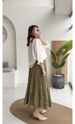 Astarlı Kırışık Beli Lastikli Etek - Haki - Kod: 3207