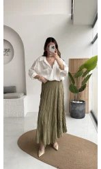 Astarlı Kırışık Beli Lastikli Etek - Haki - Kod: 3207
