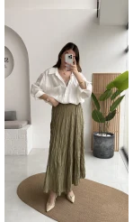 Astarlı Kırışık Beli Lastikli Etek - Haki - Kod: 3207