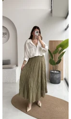 Astarlı Kırışık Beli Lastikli Etek - Haki - Kod: 3207