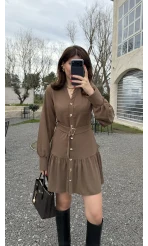 Gabriela Kemerli Gold Düğmeli Mini Elbise - Vizon - Kod: 0922