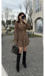 Gabriela Kemerli Gold Düğmeli Mini Elbise - Vizon - Kod: 0922