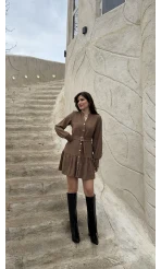 Gabriela Kemerli Gold Düğmeli Mini Elbise - Vizon - Kod: 0922