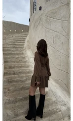 Gabriela Kemerli Gold Düğmeli Mini Elbise - Vizon - Kod: 0922