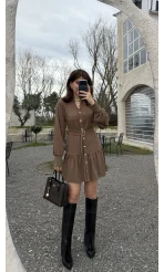 Gabriela Kemerli Gold Düğmeli Mini Elbise - Vizon - Kod: 0922