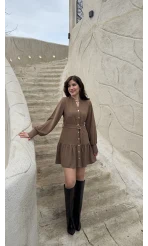 Gabriela Kemerli Gold Düğmeli Mini Elbise - Vizon - Kod: 0922