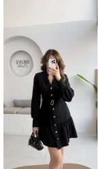 Gabriela Kemerli Gold Düğmeli Mini Elbise - Siyah - Kod: 0922