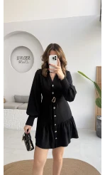 Gabriela Kemerli Gold Düğmeli Mini Elbise - Siyah - Kod: 0922