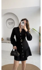 Gabriela Kemerli Gold Düğmeli Mini Elbise - Siyah - Kod: 0922