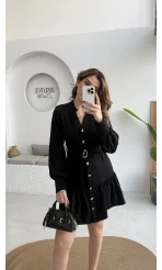 Gabriela Kemerli Gold Düğmeli Mini Elbise - Siyah - Kod: 0922