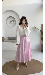 Pole Astarlı Kırışık Kloş Etek - Pembe - Kod: 3000