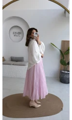 Pole Astarlı Kırışık Kloş Etek - Pembe - Kod: 3000