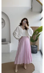 Pole Astarlı Kırışık Kloş Etek - Pembe - Kod: 3000