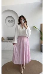 Pole Astarlı Kırışık Kloş Etek - Pembe - Kod: 3000