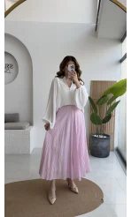 Pole Astarlı Kırışık Kloş Etek - Pembe - Kod: 3000