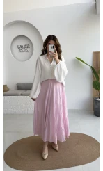 Pole Astarlı Kırışık Kloş Etek - Pembe - Kod: 3000