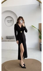 Pretty Aksesuar Detay Yırtmaçlı Elbise - Siyah - Kod: 0909