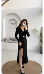 Pretty Aksesuar Detay Yırtmaçlı Elbise - Siyah - Kod: 0909