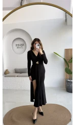 Pretty Aksesuar Detay Yırtmaçlı Elbise - Siyah - Kod: 0909