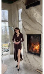 Pretty Aksesuar Detay Yırtmaçlı Elbise - Acı Kahve - Kod: 0909