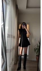 Drapeli Vatkalı Midi Elbise - Siyah - Kod: 4100