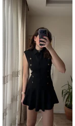 Drapeli Vatkalı Midi Elbise - Siyah - Kod: 4100