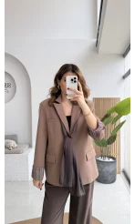 Wınslet Çizgili Fularlı Atlas Blazer Ceket - Kahve - Kod: 9722